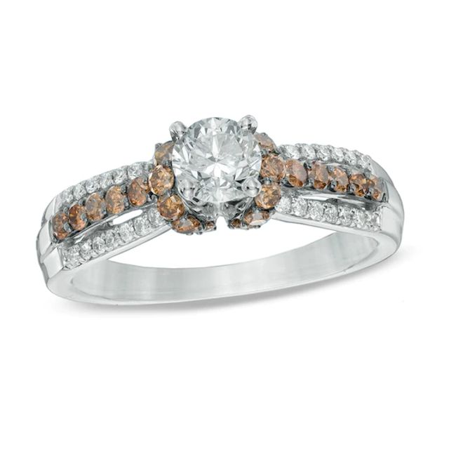 Previously Owned - 1 CT. T.w. Champagne and White Diamond Collar Engagement Ring in 14K White Gold
