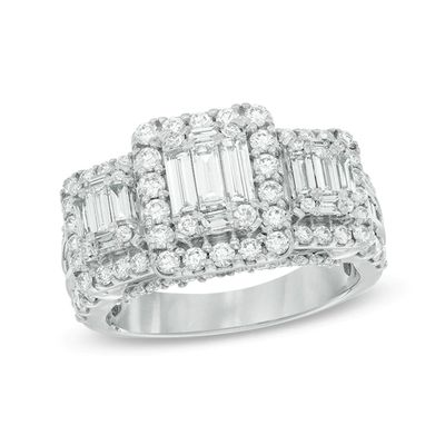 Previously Owned - 2 CT. T.w. Baguette Composite Diamond Three Stone Engagement Ring in 14K White Gold