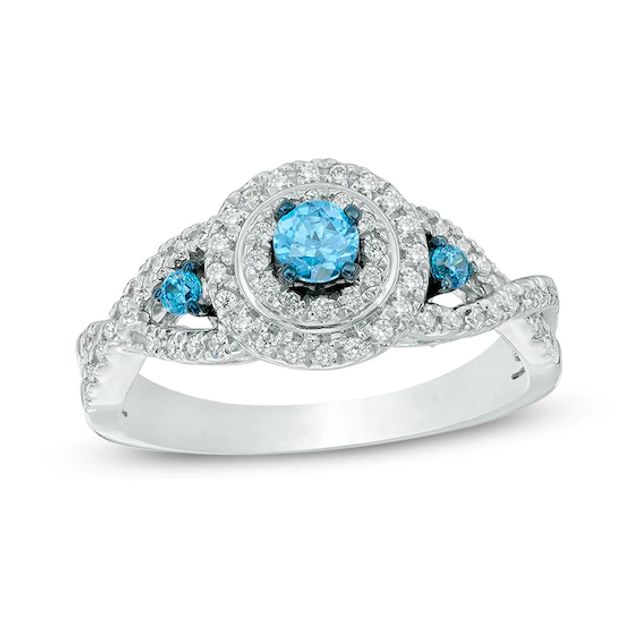 Previously Owned - 5/8 CT. T.w. Enhanced Blue and White Diamond Double Frame Engagement Ring in 10K White Gold