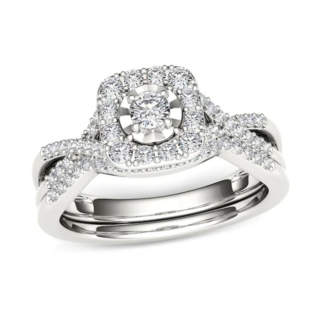 Previously Owned - 3/8 CT. T.w. Diamond Cushion Frame Twist Bridal Set in 14K White Gold