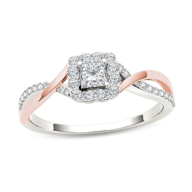 Previously Owned - 1/2 CT. T.w. Princess-Cut Diamond Square Frame Twist Engagement Ring in 14K Two-Tone Gold