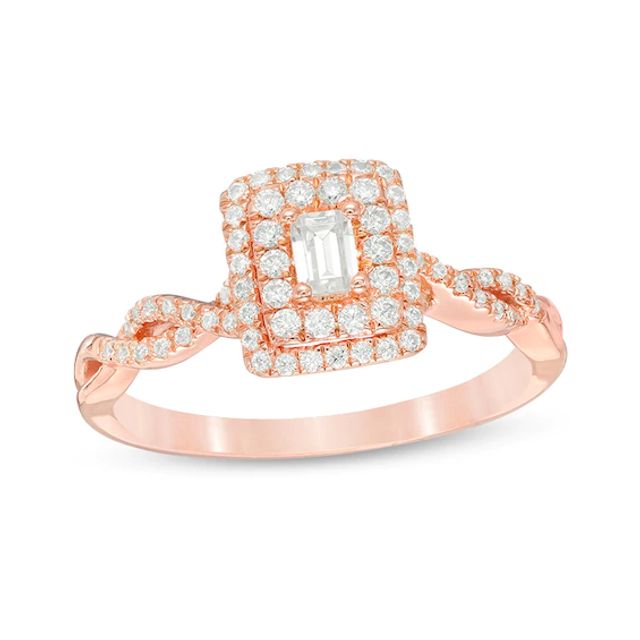 Previously Owned - 1/2 CT. T.w. Emerald-Cut Diamond Double Frame Twist Engagement Ring in 14K Rose Gold