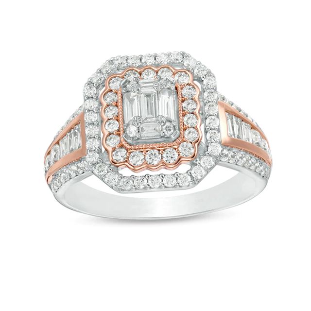 Previously Owned - 1 CT. T.w. Composite Diamond Double Rectangle Frame Engagement Ring in 14K Two-Tone Gold