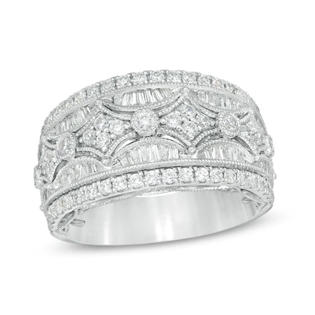 Previously Owned - 1 CT. T.w. Baguette and Round Diamond Vintage-Style Multi-Row Anniversary Ring in 14K White Gold