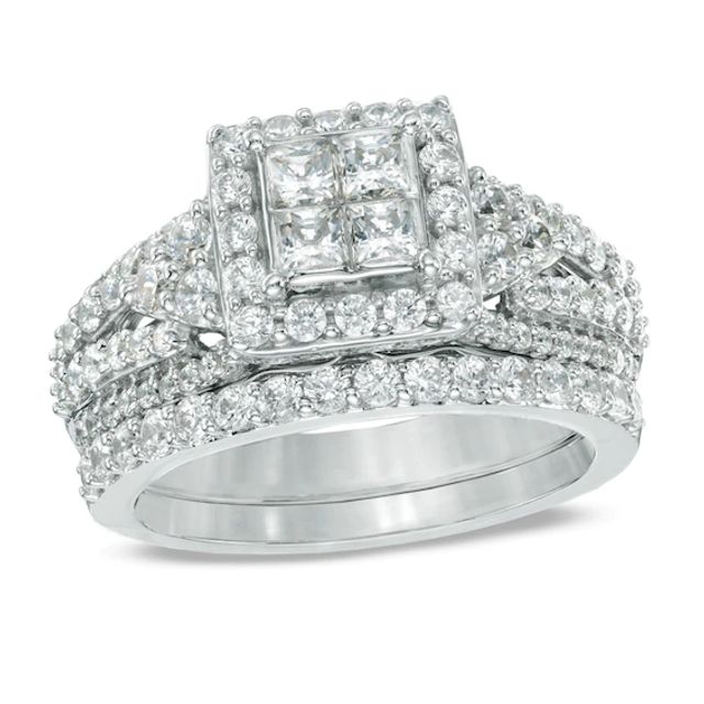 Previously Owned - 1-1/2 CT. T.w. Princess-Cut Quad Diamond Frame Bridal Set in 14K White Gold