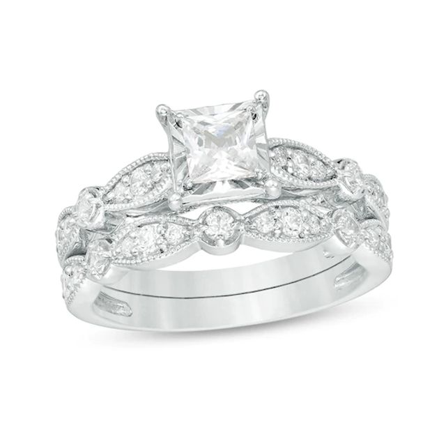 Previously Owned 1 CT. T.w. Princess-Cut Diamond Vintage-Style Soldered Bridal Set in 14K White Gold