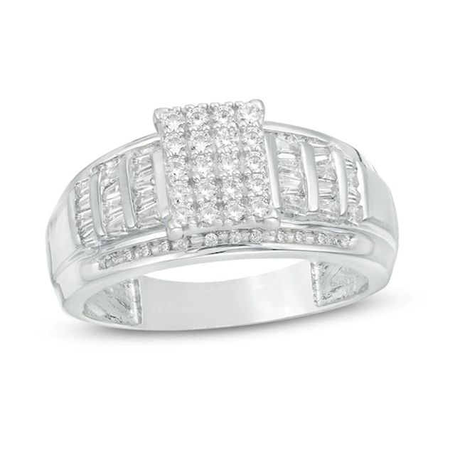 Previously Owned - 1/2 CT. T.w. Baguette and Round Composite Diamond Rectangle Engagement Ring in 10K White Gold