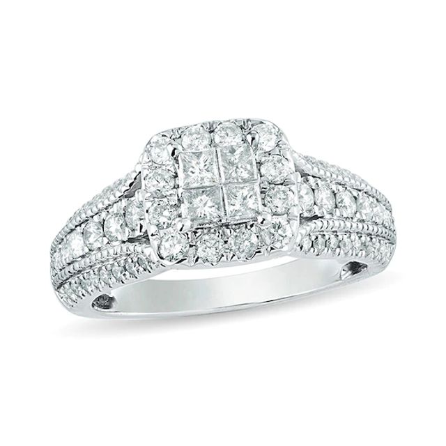 Previously Owned - 1 CT. T.w. Quad Princess-Cut Diamond Frame Vintage-Style Engagement Ring in 10K White Gold