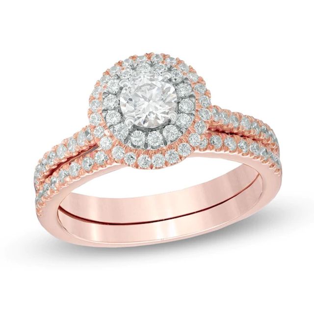 Previously Owned - Celebration Ideal 7/8 CT. T.w. Diamond Double Frame Bridal Set in 14K Rose Gold (I/I1)