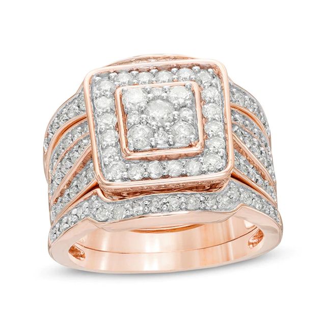 Previously Owned - 1-1/2 CT. T.w. Composite Diamond Cushion Frame Multi-Row Three Piece Bridal Set in 10K Rose Gold