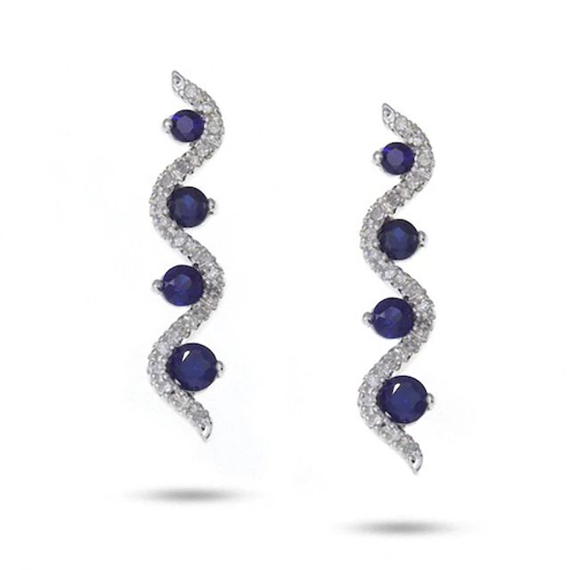 Previously Owned - Journey Lab-Created Blue Sapphire Vertical Wave Earrings in 10K White Gold with Diamond Accents
