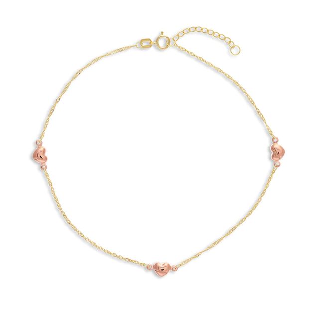 Previously Owned - Puff Heart Station Anklet in 14K Two-Tone Gold - 10"