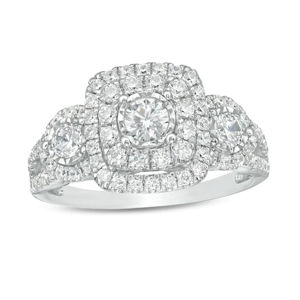 Previously Owned - 1 CT. T.w. Diamond Double Cushion Frame Past Present FutureÂ® Engagement Ring in 10K White Gold