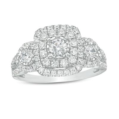 Previously Owned - 1 CT. T.w. Diamond Double Cushion Frame Past Present FutureÂ® Engagement Ring in 10K White Gold