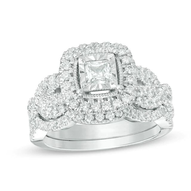 Previously Owned 1-1/2 CT. T.w. Princess-Cut Diamond Frame Vintage-Style Twist Soldered Bridal Set in 14K White Gold