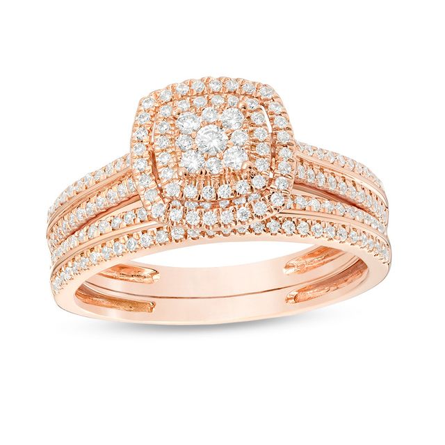 Previously Owned - 1/2 CT. T.w. Composite Diamond Double Cushion Frame Bridal Set in 10K Rose Gold