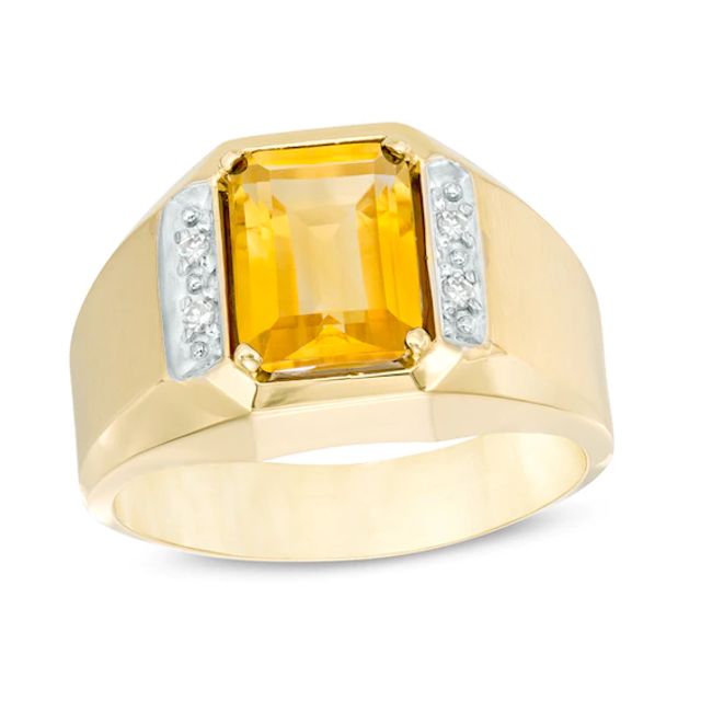 Previously Owned - Men's Octagonal Citrine and Diamond Accent Ring in 10K Gold