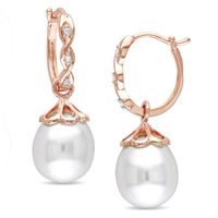 Previously Owned-9.0-9.5mm Baroque Freshwater Cultured Pearl and Diamond Accent Hoop Earrings in 10K Rose Gold