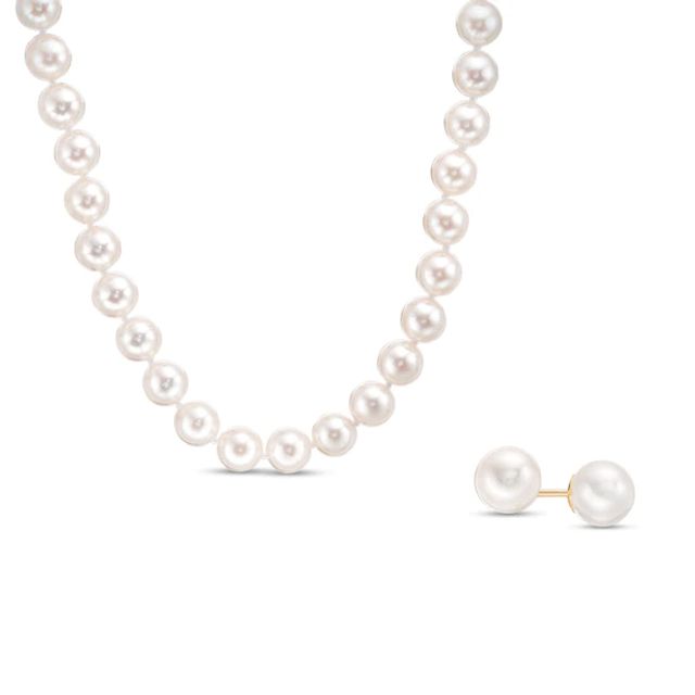 Previously Owned-IMPERIALÂ® 6.5-7.0mm Akoya Cultured Pearl Strand Necklace and Stud Earrings Set with 14K Gold Clasp