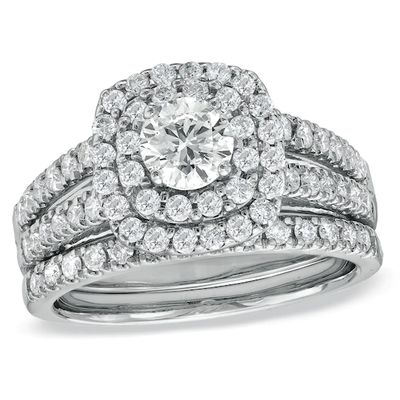 Previously Owned - 1-1/2 CT. T.w. Diamond Double Frame Bridal Set in 14K White Gold