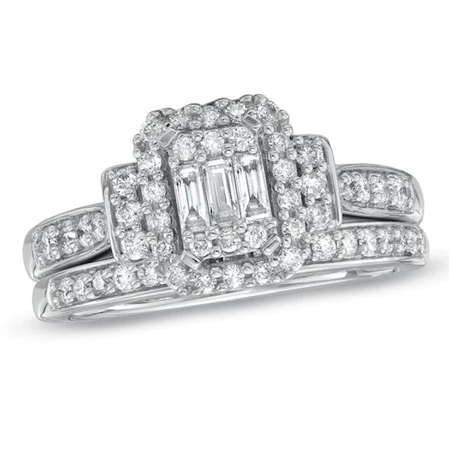 Previously Owned - 3/4 CT. T.w. Composite Emerald-Cut Diamond Bridal Set in 10K White Gold