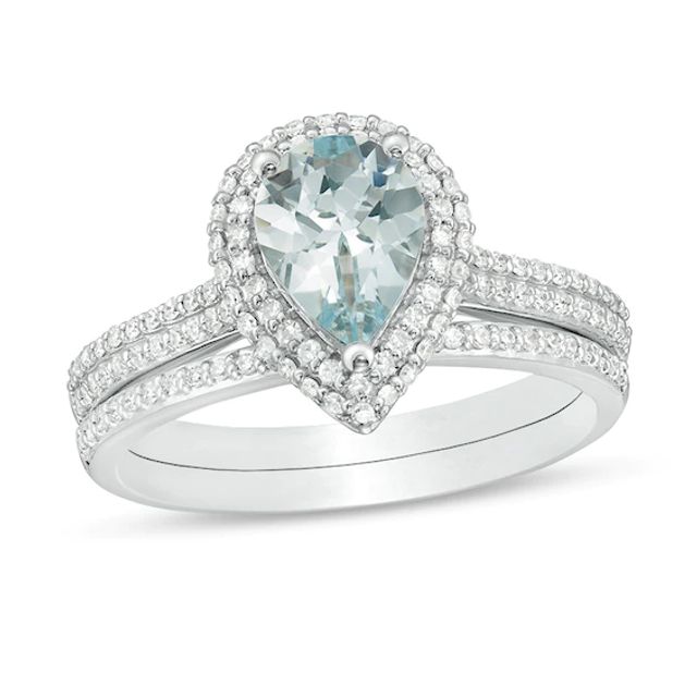 Previously Owned - Pear-Shaped Aquamarine and 3/8 CT. T.w. Diamond Frame Double Row Bridal Set in 14K White Gold