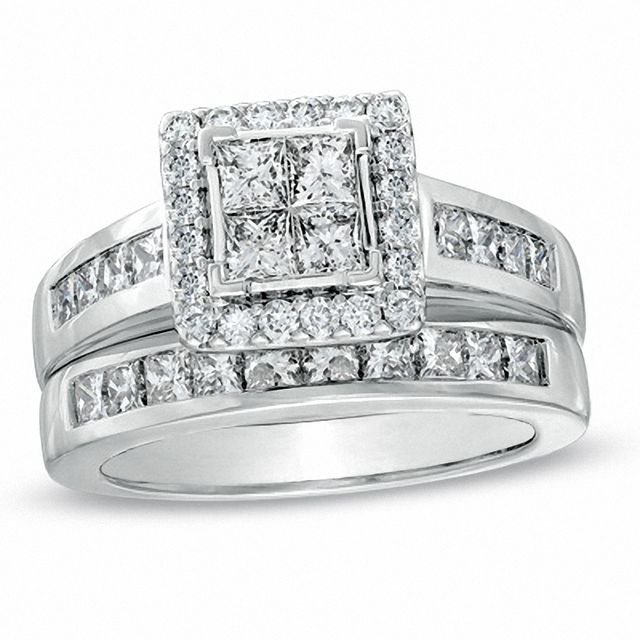 Previously Owned - 2 CT. T.w. Princess-Cut Quad Diamond Frame Bridal Set in 14K White Gold