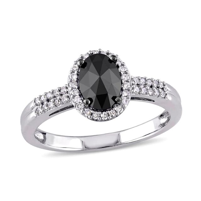 Previously Owned - 1 CT. T.w. Enhanced Black and White Oval Diamond Frame Ring in 14K White Gold