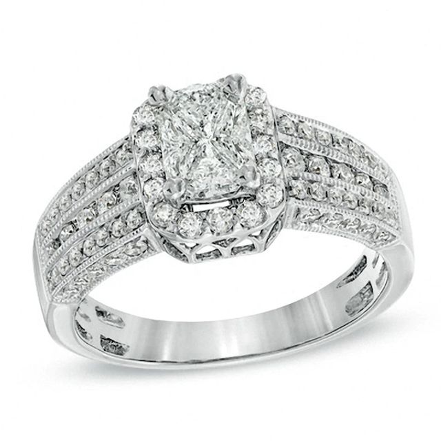 Previously Owned - 1 CT. T.w. Composite Emerald-Cut Diamond Multi-Row Engagement Ring in 14K White Gold