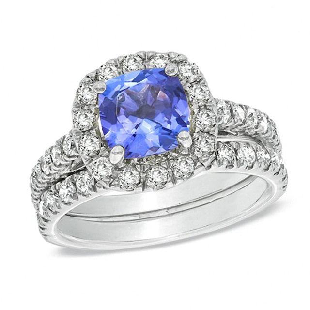 Previously Owned - Cushion-Cut Tanzanite and 1-1/2 CT. T.w. Diamond Bridal Set in 14K White Gold