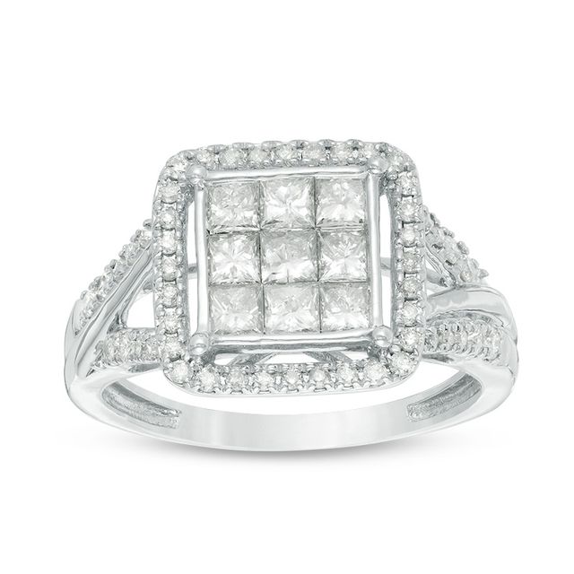 Previously Owned - 1 CT. T.w. Princess-Cut Composite Diamond Frame Engagement Ring in 10K White Gold