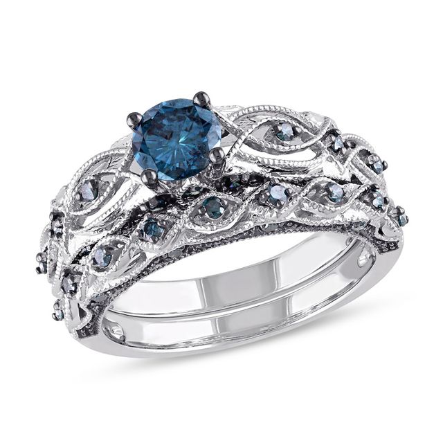 Previously Owned - 1 CT. T.w. Enhanced Blue Diamond Vintage-Style Bridal Set in 10K White Gold