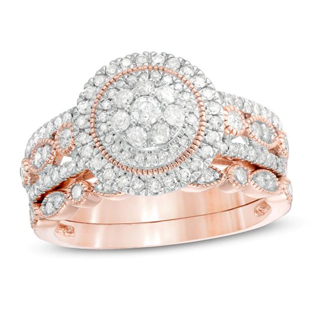 Previously Owned - 3/4 CT. T.w. Diamond Double Frame Art Deco Vintage-Style Bridal Set in 10K Rose Gold