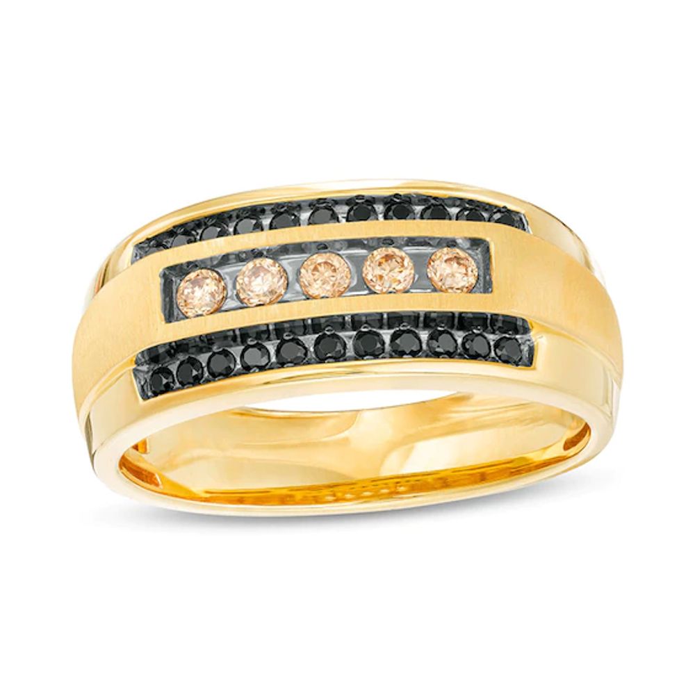 Previously Owned - 1/2 CT. T.w. Black Enhanced and Champagne Diamond Triple Row Ring in 10K Gold