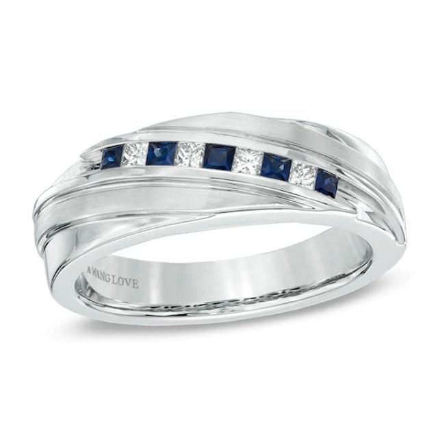 Previously Owned - Vera Wang Love Collection Men's Blue Sapphire and 1/6 CT. T.w. Diamond Slant Band in 14K White Gold