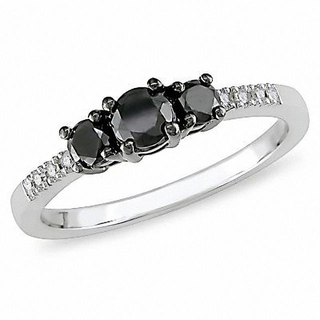 Previously Owned - 1/2 CT. T.w. Black Diamond Three Stone Ring in 10K White Gold with Diamond Accents