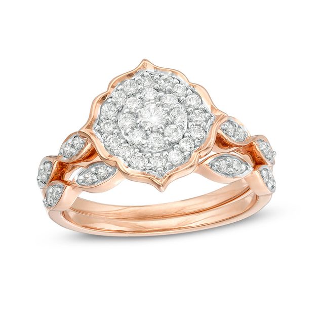 Previously Owned - 1/2 CT. T.w. Diamond Double Frame Flower Art Deco Bridal Set in 10K Rose Gold