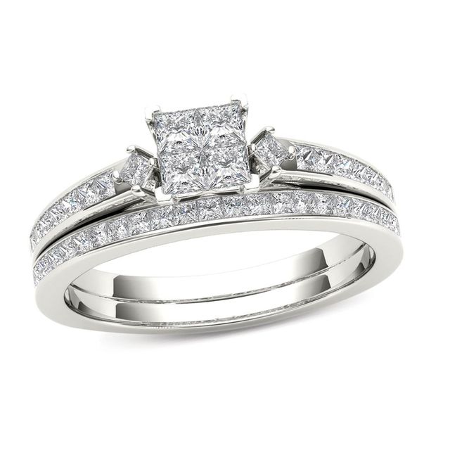 Previously Owned - 1 CT. T.w. Quad Princess-Cut Diamond Bridal Set in 14K White Gold