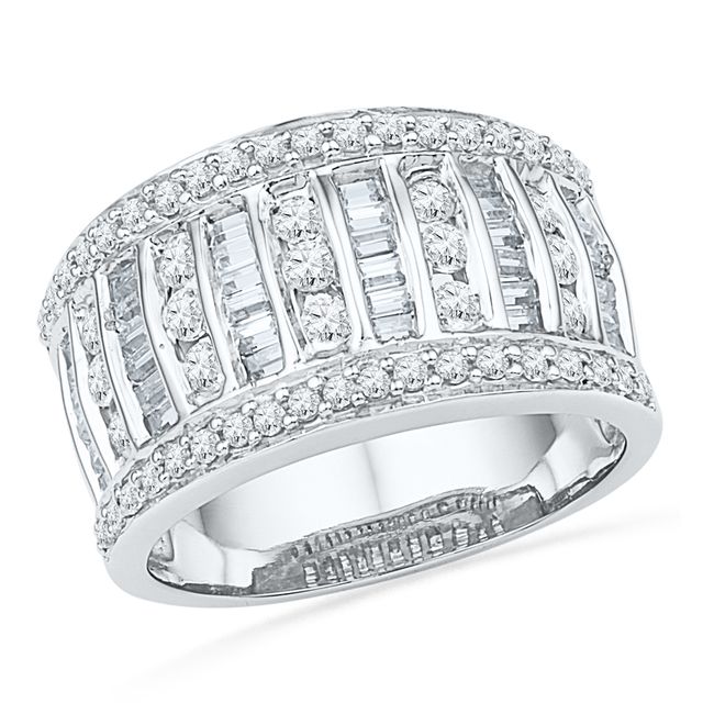 Previously Owned - 1 CT. T.w. Baguette and Round Diamond Multi-Row Band in 10K White Gold