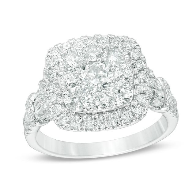 Previously Owned - 2 CT. T.w. Diamond Double Cushion Frame Collar Engagement Ring in 14K White Gold