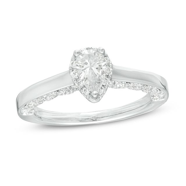 Previously Owned - 1 CT. T.w. Pear-Shaped Diamond Frame Engagement Ring in 14K White Gold (I/I2)
