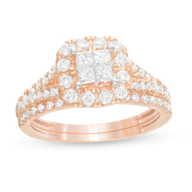 Previously Owned - 1 CT. T.w. Quad Princess-Cut Diamond Frame Split Shank Bridal Set in 10K Rose Gold