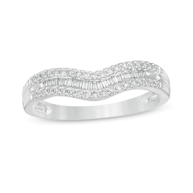 Previously Owned - 1/4 CT. T.w. Baguette and Round Diamond Contour Multi-Row Anniversary Band in 14K White Gold