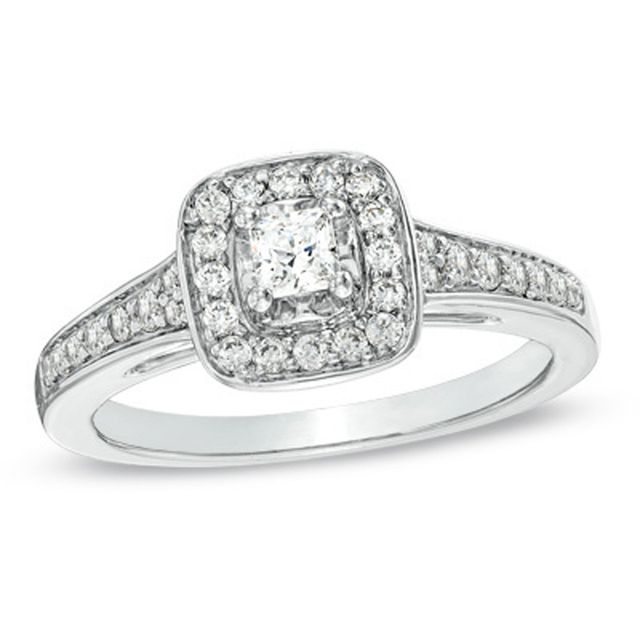 Previously Owned - 1/2 CT. T.w. Princess-Cut Diamond Frame Engagement Ring in 14K White Gold
