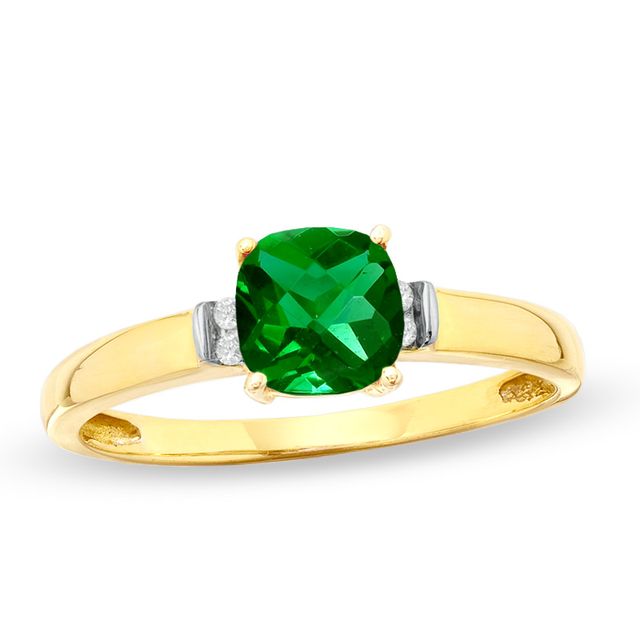 Previously Owned - 6.0mm Cushion-Cut Lab-Created Emerald and Diamond Accent Ring in 10K Gold