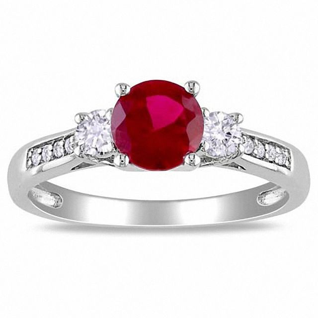 Previously Owned - 6.0mm Lab-Created Ruby, White Sapphire and Diamond Accent Three Stone Ring in 10K White Gold