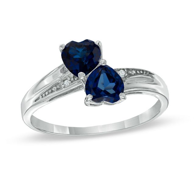 Previously Owned - Heart-Shaped Lab-Created Blue Sapphire and Diamond Accent Double Heart Ring in Sterling Silver