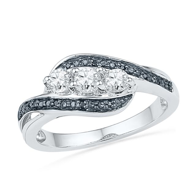 Previously Owned - Lab-Created White Sapphire and Black Diamond Accent Three Stone Promise Ring in Sterling Silver