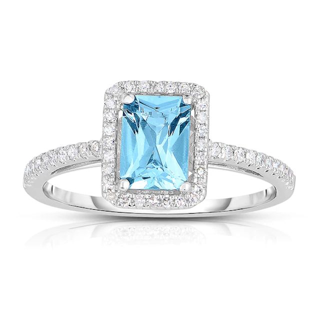 Previously Owned - Emerald-Cut Aquamarine and 1/5 CT. T.w. Diamond Frame Ring in 14K White Gold
