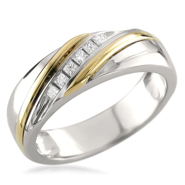 Previously Owned - Men's 1/5 CT. T.w. Square-Cut Diamond Slant Wedding Band in 14K Two-Tone Gold